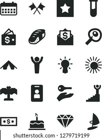 Solid Black Vector Icon Set - cake vector, sushi, calendar, test tube, bulb, artifical insimination, winner stairway, man hands up, star, diamond, cross flags, arm with key, dollar, wallet, tent