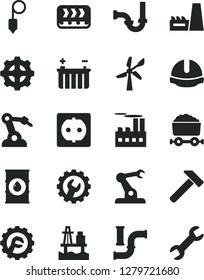 Solid Black Vector Icon Set - sewerage vector, construction helmet, plummet, gear, star, hammer, sea port, wind energy, water pipes, oil, battery, power socket, industrial building, thermal plant