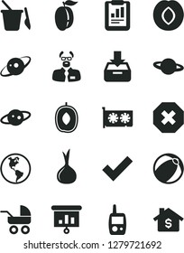 Solid Black Vector Icon Set - mark of injury vector, check, baby carriage, bath ball, toy mobile phone, children's sand set, put in a box, planet, plum, delicious, ripe, onion, Earth, presentation