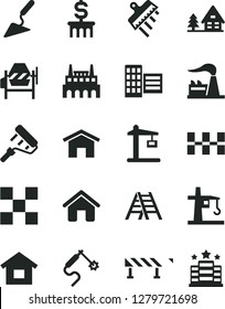 Solid Black Vector Icon Set - house vector, dwelling, building trowel, concrete mixer, paint roller, ladder, city block, tile, ceramic tiles, spatula, road fence, home, factory, industrial, forest