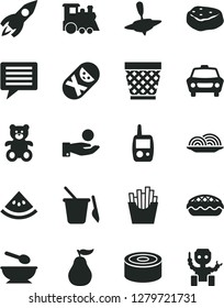 Solid Black Vector Icon Set - image of thought vector, wicker pot, tumbler, toy mobile phone, children's sand set, deep plate with a spoon, teddy bear, train, small yule, car, canned goods, onion