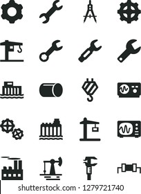 Solid Black Vector Icon Set - repair key vector, crane, hook, gears, cogwheel, working oil derrick, hydroelectric station, hydroelectricity, industrial building, gear, Construction, pipe, steel