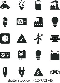 Solid Black Vector Icon Set - danger of electricity vector, matte light bulb, power socket type b, charge level, wind energy, factory, accumulator, electric plug, industrial building, saving, car