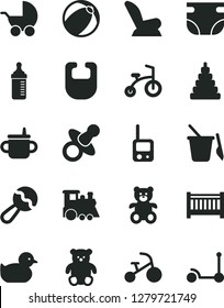 Solid Black Vector Icon Set - baby cot vector, dummy, mug for feeding, measuring bottle, nappy, bib, beanbag, car child seat, stroller, duckling, bath ball, stacking toy, phone, children's sand set