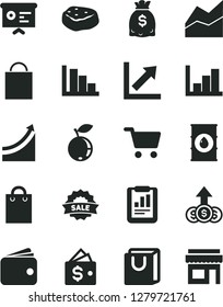 Solid Black Vector Icon Set - paper bag vector, line chart, growth, negative histogram, positive, with handles, piece of meat, blueberry, oil, shopping cart, statistical report, wallet, dollars