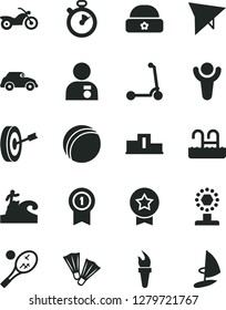 Solid Black Vector Icon Set - bath ball vector, child Kick scooter, warm hat, retro car, stopwatch, flame torch, winner, pedestal, cup, man with medal, purpose, pennant, star, hang glider, pool