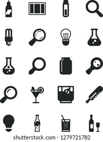 Solid Black Vector Icon Set - matte light bulb vector, magnifier, mercury thermometer, window frame, a glass of soda, tea, cocktail, bottle, liquor, flask, jar, magnifying, test tube, zoom, wine