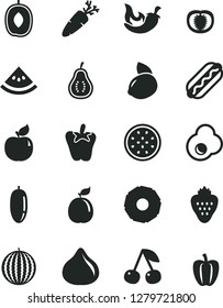 Solid Black Vector Icon Set - Hot Dog vector, chili, peper, carrot, fried egg, strawberry, cherry, apricot, fig, water melon, delicious plum, date fruit, yellow lemon, half of passion, guava, part
