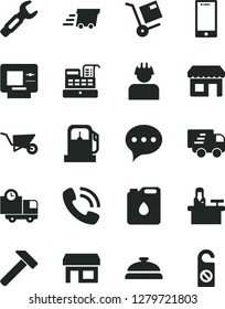 Solid Black Vector Icon Set - building trolley vector, hammer, speech, smartphone, delivery, shipment, gas station, builder, canister of oil, steel repair key, kiosk, stall, phone call, urgent cargo