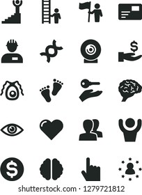 Solid Black Vector Icon Set - women vector, footprints, workman, heart, index finger, eye, pass card, lens, dollar, get a wage, dna, brain, bactery, winner stairway, man hold flag, with ladder