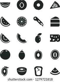 Solid Black Vector Icon Set - stationery knife vector, piece of cheese, pizza, cake, orange slice, sandwich, plum, melon, water, half mango, delicious, kiwi, tamarillo, sour lime, pineapple