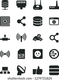 Solid Black Vector Icon Set - power socket type b vector, thumb up, big data, server, autopilot, processor, satellite dish, SIM, connection, connections, scheme, router, network, browser, connect