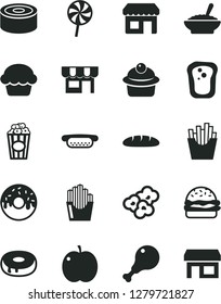 Solid Black Vector Icon Set - kiosk vector, loaf, canned goods, mini hot dog, burger, cake, muffin, with a hole, glazed, bowl of buckwheat porridge, chicken leg, lollipop, French fries, popcorn, cup