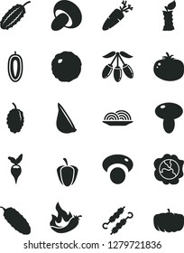 Solid Black Vector Icon Set - onion vector, mushroom, porcini, meat on skewers, cabbage, cucumber, tomato, garlic, carrot, squash, mulberry, goji berry, sweet date fruit, apple stub, ripe pepper