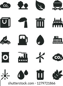 Solid Black Vector Icon Set - bin vector, drop, bag with handles, leaf, gas station, wind energy, manufacture, oil, hydroelectric, trees, industrial building, factory, eco car, CO2, carbon dyoxide