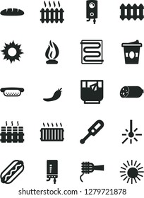 Solid Black Vector Icon Set - electronic thermometer vector e, heating coil, radiator, new, boiler, sausage, loaf, Hot Dog, mini, noodles, coffe to go, a glass of tea, red pepper, outdoor, cast iron