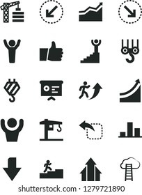 Solid Black Vector Icon Set - downward direction vector, crane, tower, hook, winch, left bottom arrow, thumb up, move, right, chart, financial report, man, carrer stairway, growth graph, winner