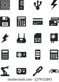 Solid Black Vector Icon Set - lightning vector, floppy disk, bank card, calculator, electronic thermometer e, cards, processor, assembly robot, SIM, engineer, pc power supply, tower, usb, router