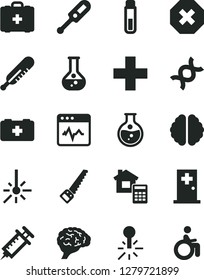 Solid Black Vector Icon Set - mark of injury vector, plus, electronic thermometer e, mercury, bag a paramedic, medical, arm saw, estimate, cardiogram, round flask, outdoor, test tube, dna, brain