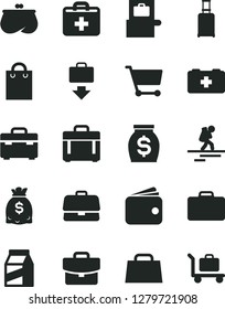 Solid Black Vector Icon Set - first aid kit vector, bag of a paramedic, suitcase, case, package, cart, briefcase, wallet, purse, money, dollars, hand, backpacker, rolling, baggage scanner, getting