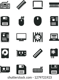 Solid Black Vector Icon Set - floppy disk vector, laptop, keyboard, screen, notebook pc, radiator fan, mouse, power supply, motherboard, memory, card, hdd