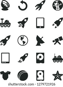 Solid Black Vector Icon Set - counterclockwise vector, t short, bath ball, planet Earth, rocket, space, tablet pc, hdd, telescope, satellite antenna, lunar rover, starfish