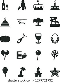Solid Black Vector Icon Set - colored air balloons vector, balloon, cake, birthday, torte, Chupa Chups, lollipop, glass, pumpkin, sand castle, wine, champagne, passenger, hotel, beach, palm tree