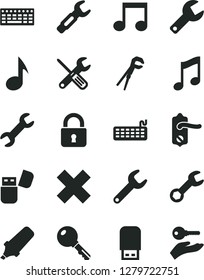 Solid Black Vector Icon Set - repair key vector, cross, small tools, adjustable wrench, door knob, lock, music, steel, text highlighter, keyboard, usb flash, note, arm with