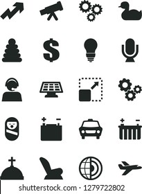 Solid Black Vector Icon Set - growth up vector, dollar, car child seat, rubber duck, stacking rings, roly poly doll, bulb, microphone, expand picture, accumulator, battery, gears, three, operator