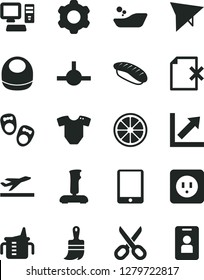 Solid Black Vector Icon Set - scissors vector, growth chart, measuring cup for feeding, baby bib, t short, children's bathroom, shoes little children, cogwheel, wooden paint brush, delete page