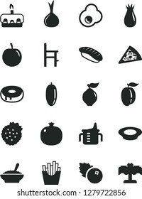 Solid Black Vector Icon Set - measuring cup for feeding vector, a chair, piece of pizza, torte, cake with hole, bowl buckwheat porridge, plate milk, French fries, japanese sushi, fried egg, quince