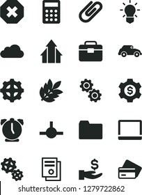 Solid Black Vector Icon Set - mark of injury vector, folder, portfolio, alarm clock, clip, gear, gears, retro car, get a wage, scientific publication, calculator, notebook pc, connect, cloud, bulb
