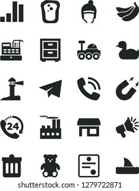 Solid Black Vector Icon Set - paper airplane vector, bedside table, rubber duck, small teddy bear, winter hat, dust bin, 24, sandwich, bananas, industrial building, stall, coastal lighthouse, magnet