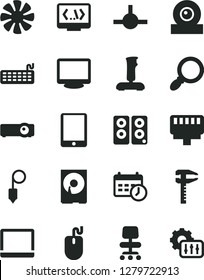 Solid Black Vector Icon Set - plummet vector, calipers, tablet pc, notebook, fan, mouse, keyboard, monitor, web camera, hdd, speaker, connect, coding, lan connector, projector, magnifier, joystick