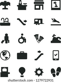 Solid Black Vector Icon Set - earth vector, camper, air balloon, escalator, passenger, suitcase, baggage scanner, phone registration, arrival, sun, pool, restaurant, flippers, surfing, disabled