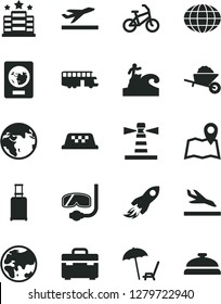 Solid Black Vector Icon Set - garden trolley vector, suitcase, planet, lighthouse, space rocket, globe, earth, bus, taxi, bike, rolling, passport, departure, arrival, arnchair under umbrella, hotel