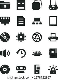 Solid Black Vector Icon Set - upload folder vector, CD, volume, copy, onion, scheme, tablet pc, tower, motherboard, cpu, web camera, usb, router, printer, network, lan connector, history, file