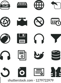 Solid Black Vector Icon Set - counterclockwise vector, baby bath ball, brick, headphones, earth, move left, burger, chili, valve, filter, column of coins, scientific publication, agenda, network