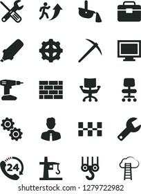 Solid Black Vector Icon Set - repair key vector, monitor window, brickwork, winch hook, small tools, drill, portfolio, ceramic tiles, employee, 24, gear, tower crane, steel production, chair, gears