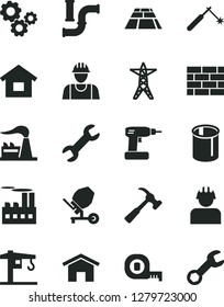 Solid Black Vector Icon Set - crane vector, dwelling, builder, brickwork, concrete mixer, cordless drill, measuring tape, paving slab, hammer with claw, home, water pipes, factory, power line, gears