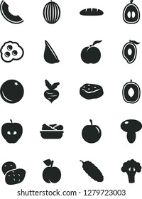 Solid Black Vector Icon Set - loaf vector, mushroom, lettuce in a plate, piece of meat, cucumber, garlic, omelette, orange, peach, ripe, tasty apple, melon, slice, half mango, delicious plum, loquat