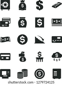 Solid Black Vector Icon Set - dollar vector, strongbox, cards, coins, reverse side of a bank card, front the, recession, financial item, money, dollars, cash, gold bar, bag hand, rain, coin, column