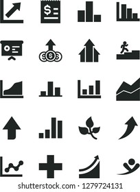 Solid Black Vector Icon Set - upward direction vector, plus, bar chart, line, graph, growth, positive histogram, leaves, article on the dollar, financial report, carrer stairway, arrows, arrow up