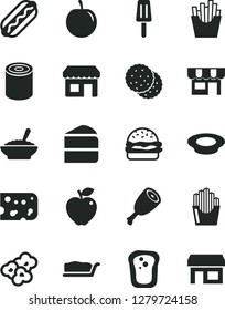 Solid Black Vector Icon Set - kiosk vector, piece of cheese, tin, Hot Dog, burger, cake, slice, a bowl buckwheat porridge, plate milk, chicken thigh, French fries, fried potato slices, popcorn