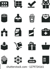 Solid Black Vector Icon Set - cargo trolley vector, first aid kit, e, box of bricks, received letter, put in a, gift, package, shipment, unpacking, tin, fried potato slices, cup popcorn, conveyor
