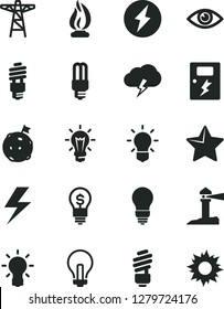 Solid Black Vector Icon Set - lightning vector, incandescent lamp, saving light bulb, dangers, star, eye, storm cloud, power pole, energy, mercury, coastal lighthouse, flame, electricity, idea, sun