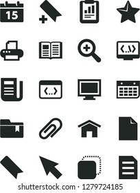 Solid Black Vector Icon Set - monitor window vector, clip, add bookmark, clean sheet of paper, zoom, folder, home, calendar, star, book, copy, statistical report, wall, newspaper, printer, coding