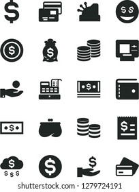 Solid Black Vector Icon Set - purse vector, cards, coins, denomination of the dollar, article on, get a wage, catch coin, cash, machine, cashbox, money rain, bag, eyes, atm, credit card