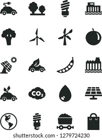 Solid Black Vector Icon Set - saving light bulb vector, drop, tangerine, peas, broccoli, solar panel, big, windmill, wind energy, planet Earth, hydroelectric station, hydroelectricity, trees, bag