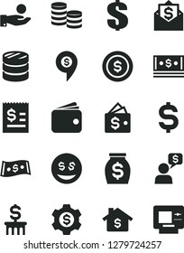Solid Black Vector Icon Set - dollar vector, coins, column of, denomination the, article on, catch a coin, wallet, money, cash, mortgage, gear, eyes, mail, dialog, pin, atm